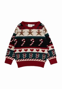 Maglione lavorato a maglia rosso, verde e crema con un motivo ripetuto di bastoncini di zucchero, figure di pan di zenzero, cuori e regali. Collo rotondo, maniche lunghe.