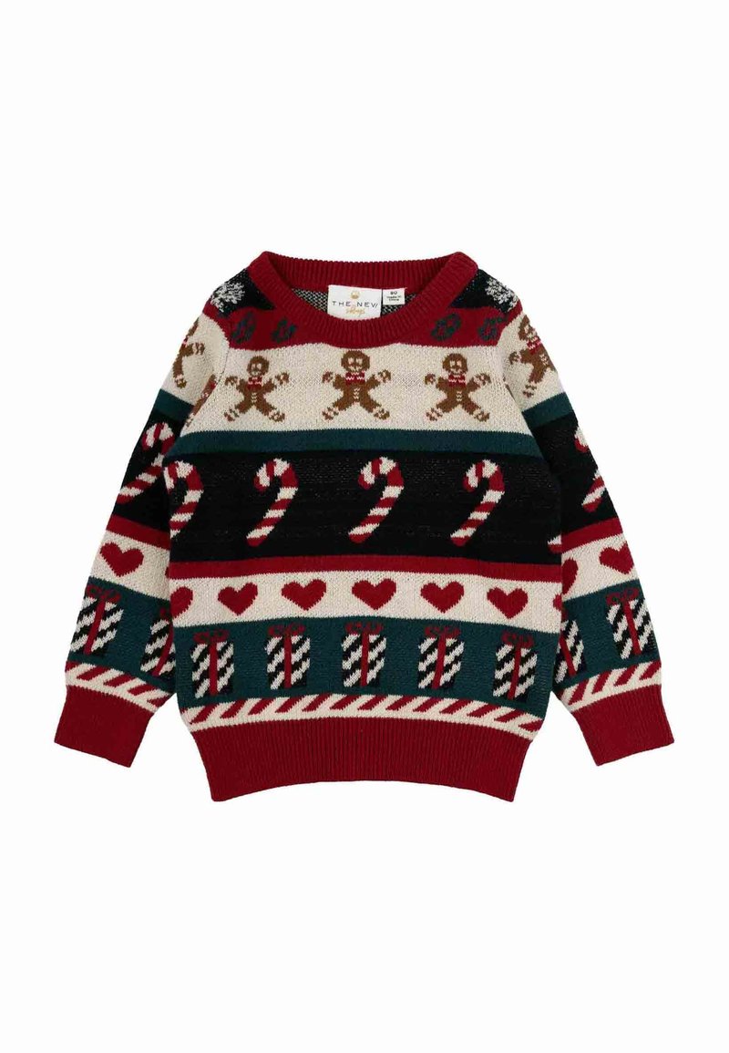 Maglione lavorato a maglia rosso, verde e crema con un motivo ripetuto di bastoncini di zucchero, figure di pan di zenzero, cuori e regali. Collo rotondo, maniche lunghe.