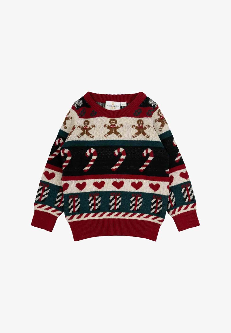 Red, green, and cream knitted sweater featuring candy canes, gingerbread figures, hearts, and presents in a repeated pattern. Round neckline, long sleeves.