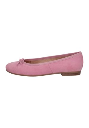 Rosa Wildleder-Ballerina mit abgerundeter Zehe, einer geknoteten Verzierung an der Vorderseite und einem niedrigen, braunen Blockabsatz für Stabilität. Glattes Innenfutter.