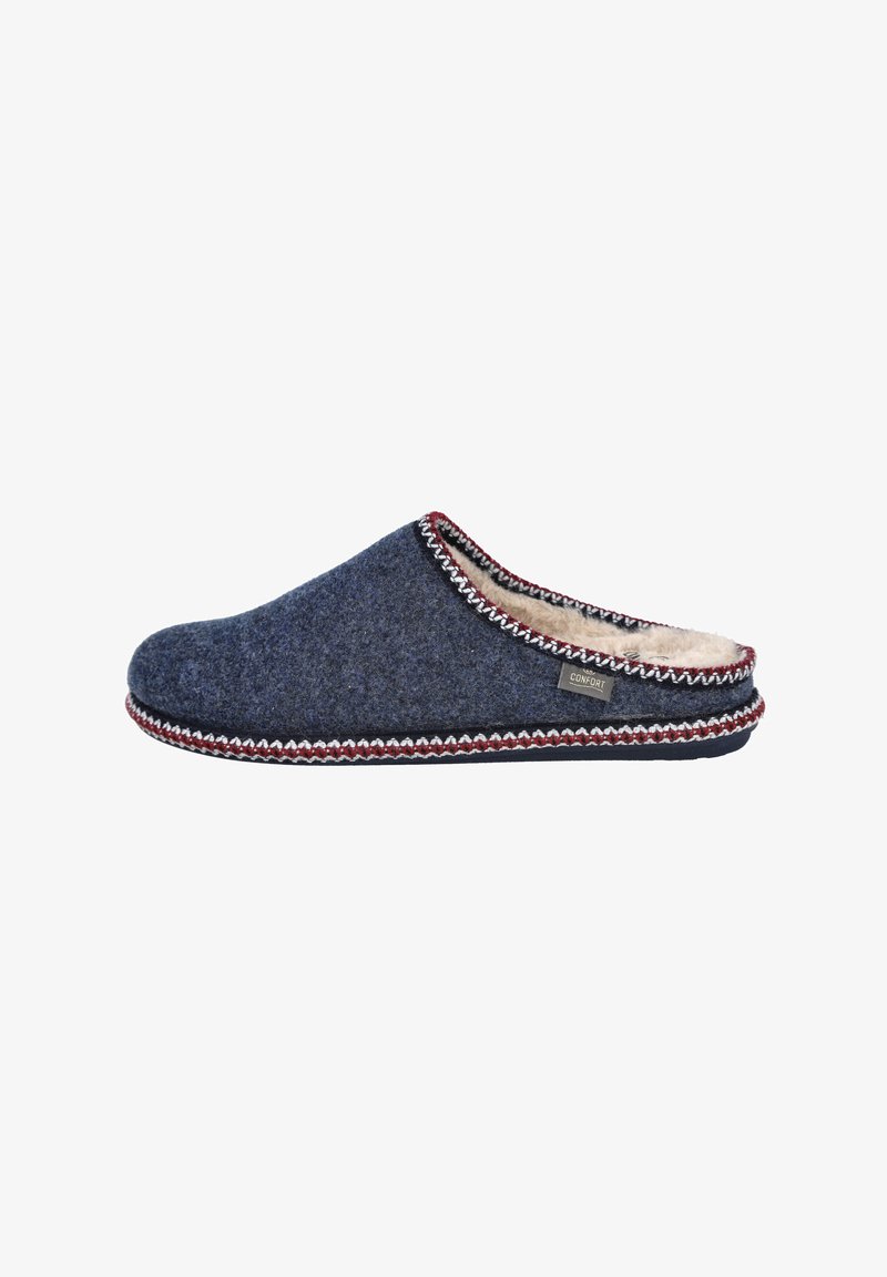 Zapatilla de lana azul con un acabado texturizado, que presenta un forro de piel de topo beige y un borde contrastante de bordado rojo y blanco a lo largo de la suela.