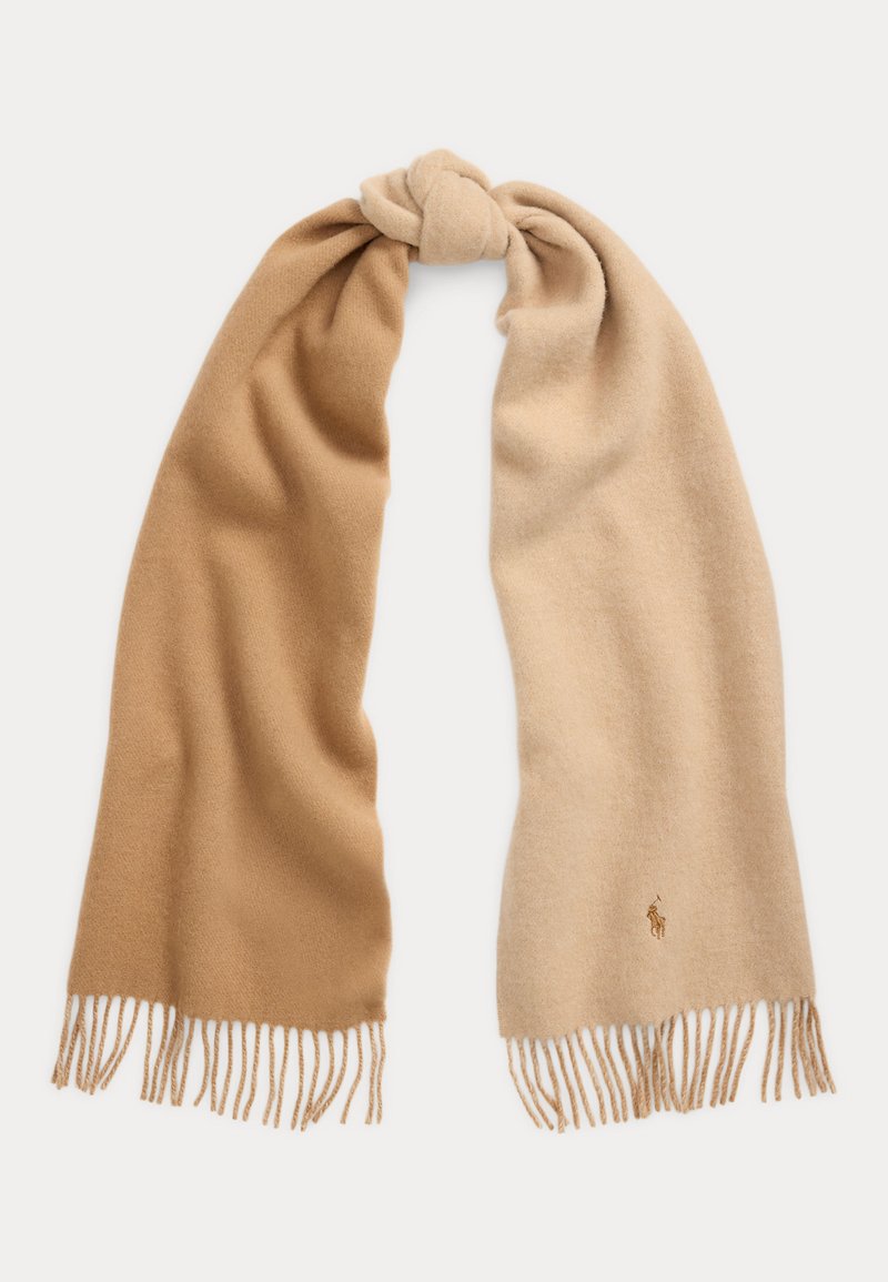 Strikket skjerf med to-tonet design: den ene siden i beige, den andre i lysebrun, med frynsete kanter og en liten logodetalj.