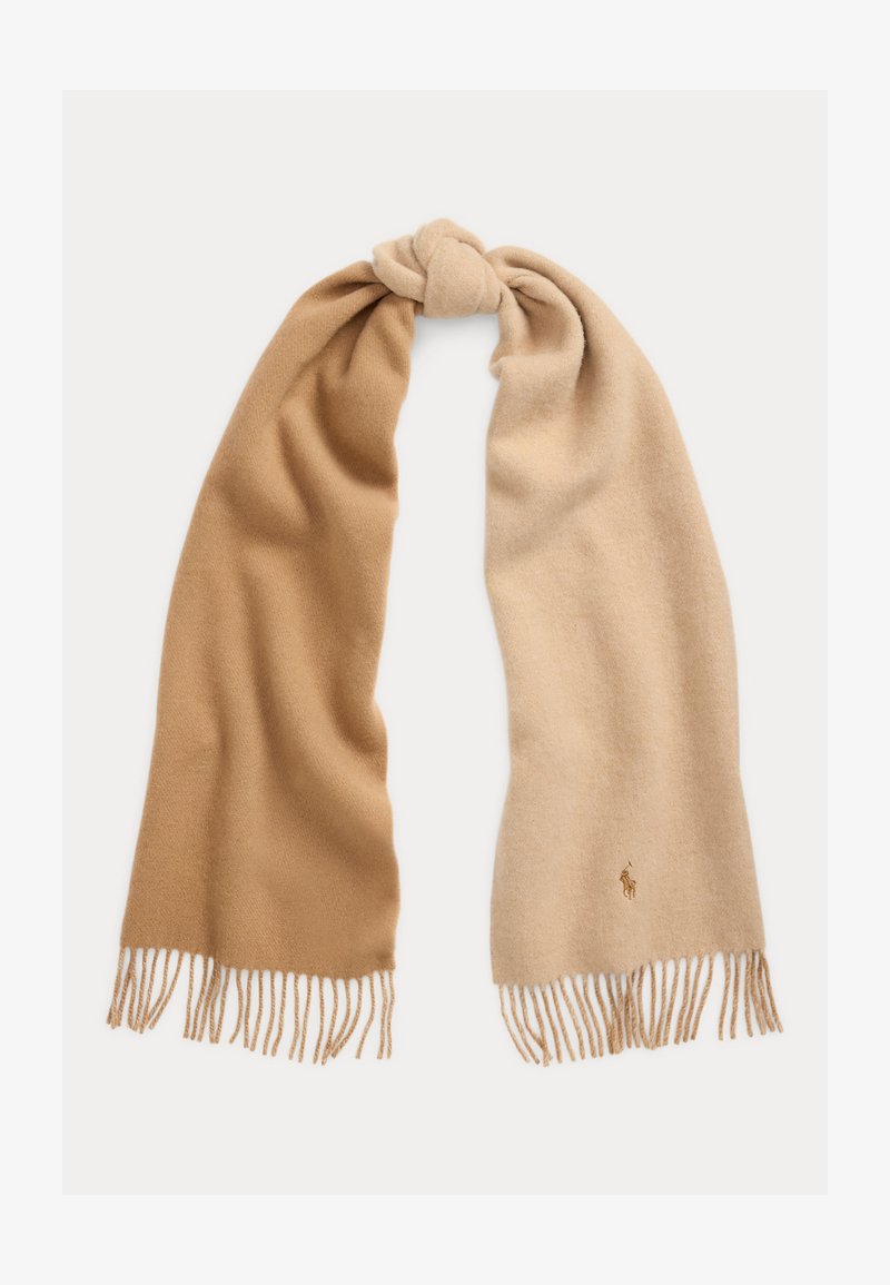 Strikket skjerf med to-tonet design: den ene siden i beige, den andre i lysebrun, med frynsete kanter og en liten logodetalj.