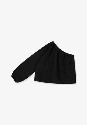 Blusa negra de un solo hombro con manga larga abullonada y escote y puño elásticos, extendida sobre fondo blanco.