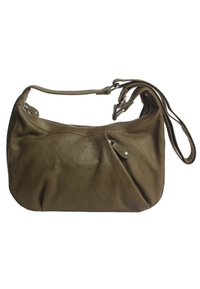 Borsa a tracolla in pelle verde oliva con apertura a zip, finitura texturizzata e tracolla regolabile. Presenta una piccola tasca frontale e dettaglio del logo.