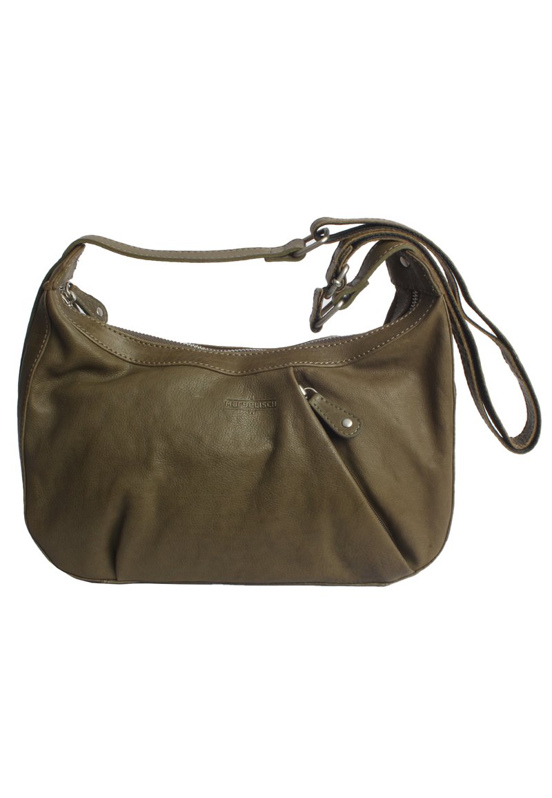 Borsa a tracolla in pelle verde oliva con apertura a zip, finitura texturizzata e tracolla regolabile. Presenta una piccola tasca frontale e dettaglio del logo.