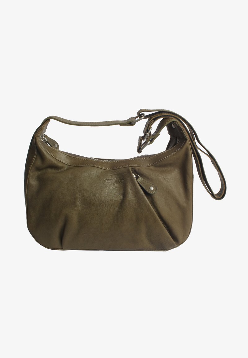 Borsa a tracolla in pelle verde oliva con apertura a zip, finitura texturizzata e tracolla regolabile. Presenta una piccola tasca frontale e dettaglio del logo.