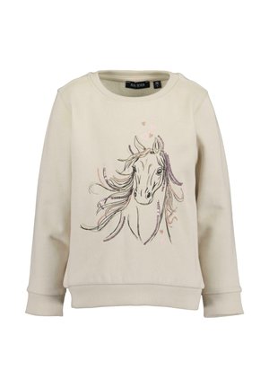 Jasnobeżowa bluza z grafiką konia z powiewającą grzywą, ozdobiona różowymi i fioletowymi akcentami, z prążkowanymi mankietami i dołem.