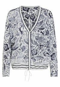 Marineblaues und weißes cardigan mit floralem Muster, V-Ausschnitt, Knopfverschluss und Kordelzugsaum. Verfügt über gerippte Bündchen und Saum.