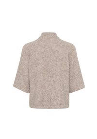 Beige knit sweater with a high collar, short sleeves, and a relaxed fit. The texture is soft and fuzzy, featuring a subtle tonal pattern.