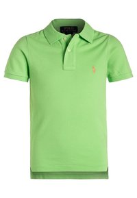 Grön pikétröja av bomull med korta ärmar, krage och en liten broderad logotyp på bröstet. Slät yta.