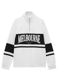 Pull blanc à manches longues avec bandes horizontales noires sur la poitrine et les manches, fermeture éclair quart de tour, et texte "Melbourne Phillip Bay" sur la bande poitrine.