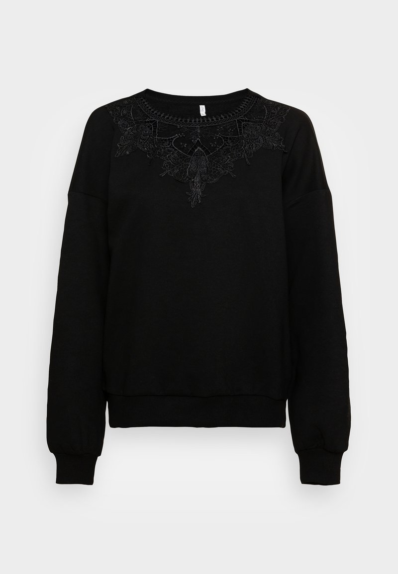 Sweat-shirt noir avec détail de dentelle brodée autour de l'encolure. Comprend des manches longues et un ourlet côtelé pour une coupe ajustée.