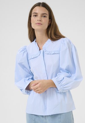 Light blue blouse with striped pattern, puffed sleeves, ruffled collar, and a button-down front. Soft fabric with a relaxed fit.