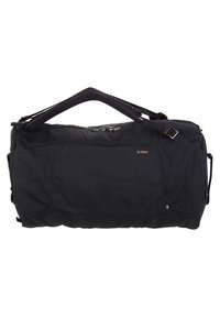 Black duffle bag made of durable fabric featuring a top handle and adjustable shoulder strap. Includes a front pocket and branding details.