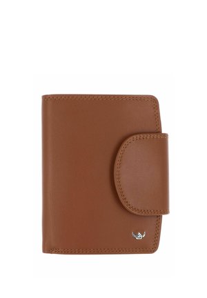 Portefeuille en cuir marron avec des bords cousus et une fermeture à bouton-pression, doté d'un petit logo métallique en bas à droite.