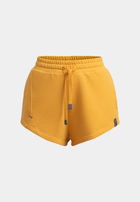 Gele katoenen shorts met een elastische tailleband, verstelbaar trekkoord, zijzakken en een zwart logo-label op de zoom.