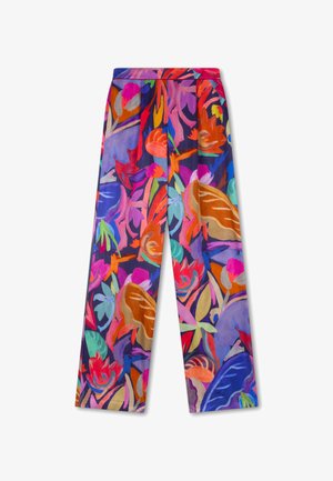 Kleurige wijde broek met een divers bloemmotief in tinten paars, oranje en roze, met een zachte textuur.