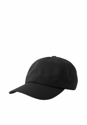 Schwarze Baumwoll-Baseballkappe mit gebogenem Schirm und sechsteiliger Konstruktion auf weißem Hintergrund.