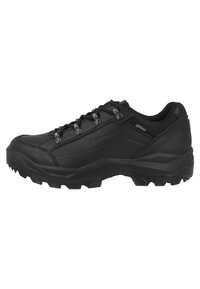 Czarne buty trekkingowe z wodoodporną konstrukcją, wytrzymałą podeszwą i metalowymi oczkami na sznurówki. Teksturowana syntetyczna cholewka z wyściółką w okolicy kostki.