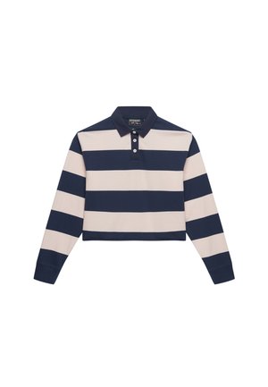 Polo à manches longues recadré avec des rayures horizontales bleu marine et beige, doté d'un col à boutons et d'une texture douce en coton.