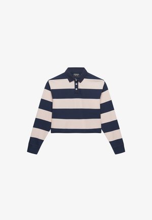 Polo à manches longues recadré avec des rayures horizontales bleu marine et beige, doté d'un col à boutons et d'une texture douce en coton.