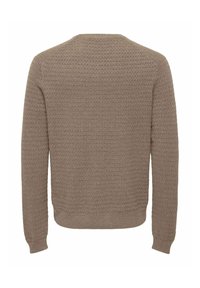 Pull marron à manches longues en maille avec un motif gaufré texturé et des poignets et un bas côtelés, vu de dos.