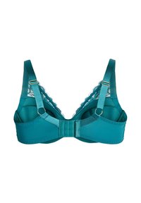 Reggiseno verde acqua con spalline regolabili, chiusura posteriore a gancio e occhiello e dettagli in pizzo lungo le coppe.