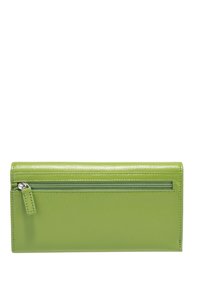 Green leather wallet with a smooth texture, rectangular shape, and a zippered pocket on the back. Features stitched edges and a shiny finish.