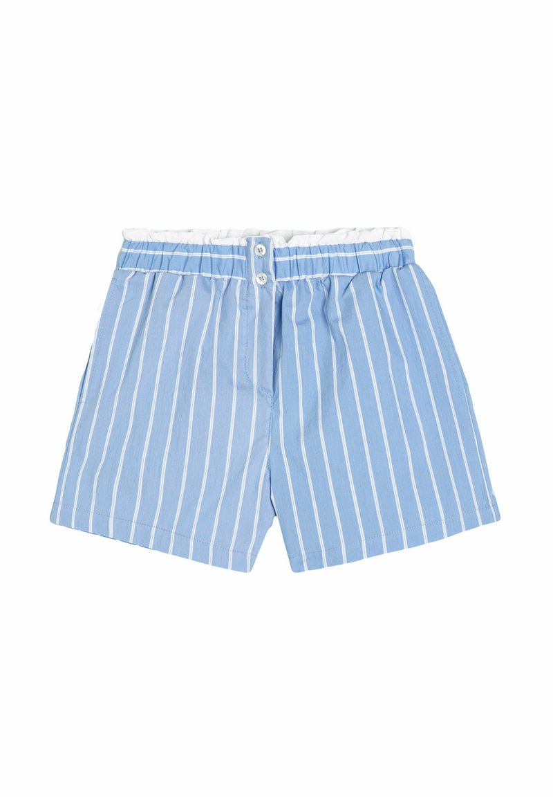 Ljusblå randiga shorts i mjukt tyg, med ett vitt elastiskt midjeband med knappar, sidofickor och raka ben.