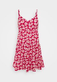 Röd blommig klänning med en kroppsnära överdel, justerbara band, v-ringning och en märkt kjol prydd med vita och gula tusenskönor.