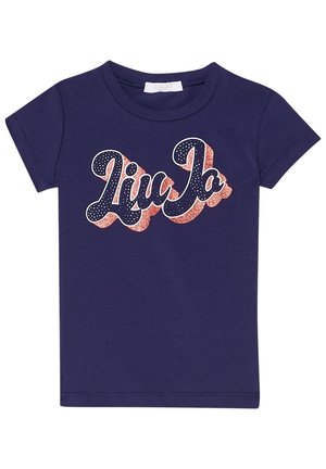 Krótki rękaw, granatowy t-shirt z okrągłym dekoltem i stylizowanym napisem "Liu Jo" w granatowym i brokatowym różowym kolorze z przodu.