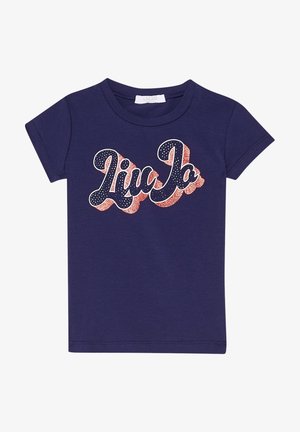Marineblå T-shirt med korte ærmer og rund halsudskæring med stiliseret "Liu Jo" tekst i marineblå og glitrende pink på fronten.