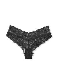 Perizoma in pizzo nero con motivi floreali, bordi ondulati e una trama trasparente. La cintura elastica offre una vestibilità flessibile.