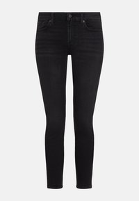 Black skinny jeans made of denim, featuring a classic five-pocket design, a front button closure, and minimal stitching details.