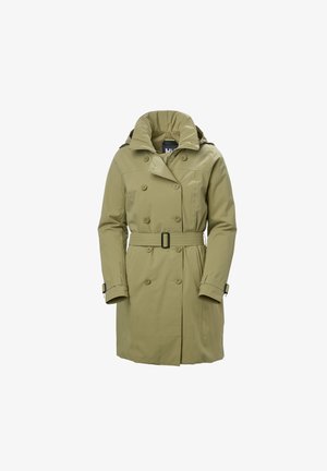 Khaki trench coat s dvouřadým zapínáním, kapucí a pasem na pásek. Obsahuje nastavitelné manžety a hladkou, voděodolnou tkaninu.