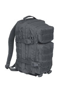 Gray tactical backpack with three zippered compartments, reinforced straps, molle webbing, and a top handle for easy carrying.
