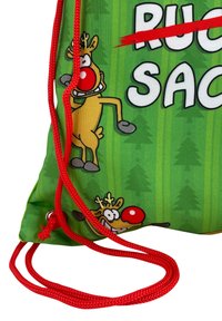 Borsa a cordoncino verde con disegni di renne in stile cartone animato. Realizzata in tessuto con cordini rossi, presenta un motivo giocoso e un dettaglio del naso rosso luccicante.
