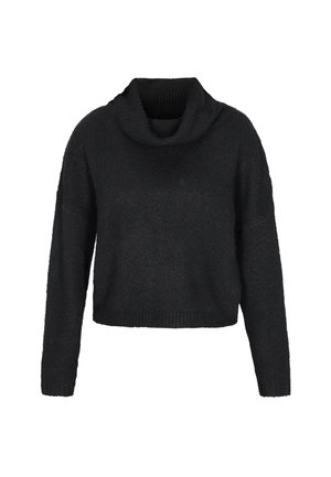 Zwarte gebreide cropped trui met lange mouwen en een losse turtleneck kraag.