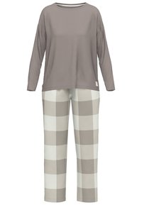 Long-sleeve muted gray top with a rounded neckline, paired with beige and white checkered pajama pants. Soft fabric with a relaxed fit.