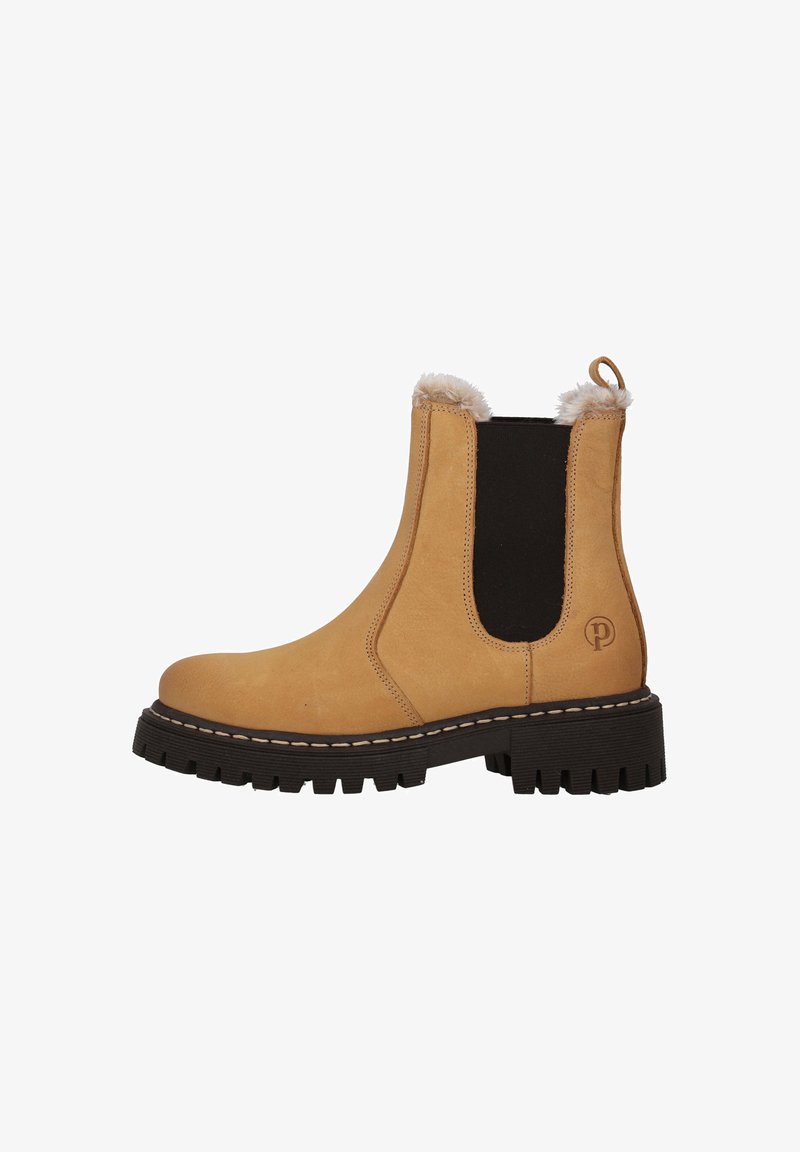 Bottines en daim marron avec un panneau latéral élastique noir, une bordure en fausse fourrure et une semelle en caoutchouc robuste. Présentent des coutures contrastées et un détail de logo.