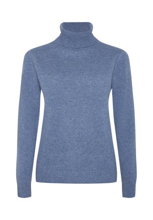 Maglione a maniche lunghe blu chiaro con collo a imbuto, dalla vestibilità aderente e con finiture a coste sul collo, sui polsini e sull'orlo, su uno sfondo bianco.