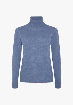 Weicher blauer Langarm-Pullover mit Rollkragen, taillierter Schnitt und geripptem Kragen, Bündchen und Saum auf einem weißen Hintergrund.