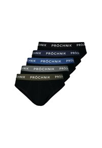 Pięć par męskich slipów w kolorach czarnym, granatowym, szarym i oliwkowym, z elastycznymi paskami w talii z logo "PRÓCHNIK" w kontrastowych kolorach.