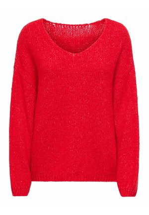 Pull tricoté rouge vif à manches longues avec un col en V arrondi, en tissu doux et texturé.
