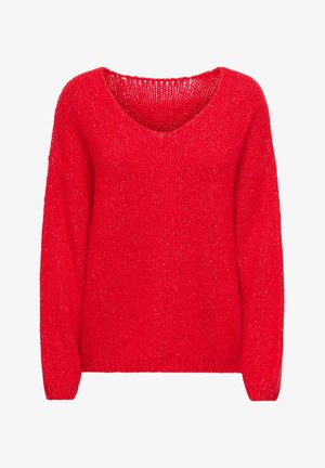 Pull tricoté rouge vif à manches longues avec un col en V arrondi, en tissu doux et texturé.