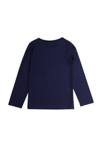 Camicia a maniche lunghe di colore blu navy, realizzata in cotone, presenta un classico collo a giro e una texture liscia, senza ulteriori motivi o dettagli.