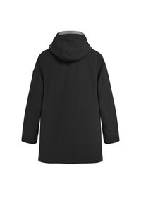 Sort hætteparka med lange ærmer, lige snit og en glat stofstruktur, med et rent bagside-design og uden synligt hardware.