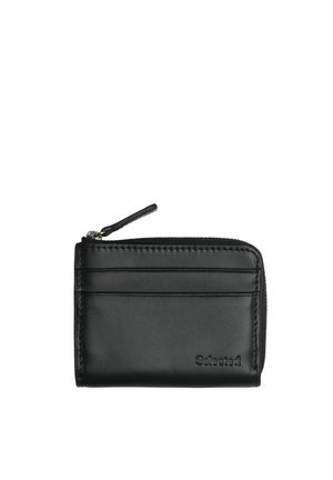 Portefeuille compact en cuir noir avec fermeture éclair, deux emplacements pour cartes et le nom de la marque embossé "Selected" sur le devant.