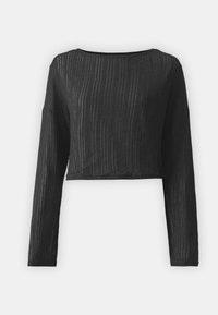 Zwarte crop top met lange mouwen, voorzien van een gestructureerd, ribbelontwerp en ronde halslijn. De stof lijkt lichtgewicht en iets doorschijnend.